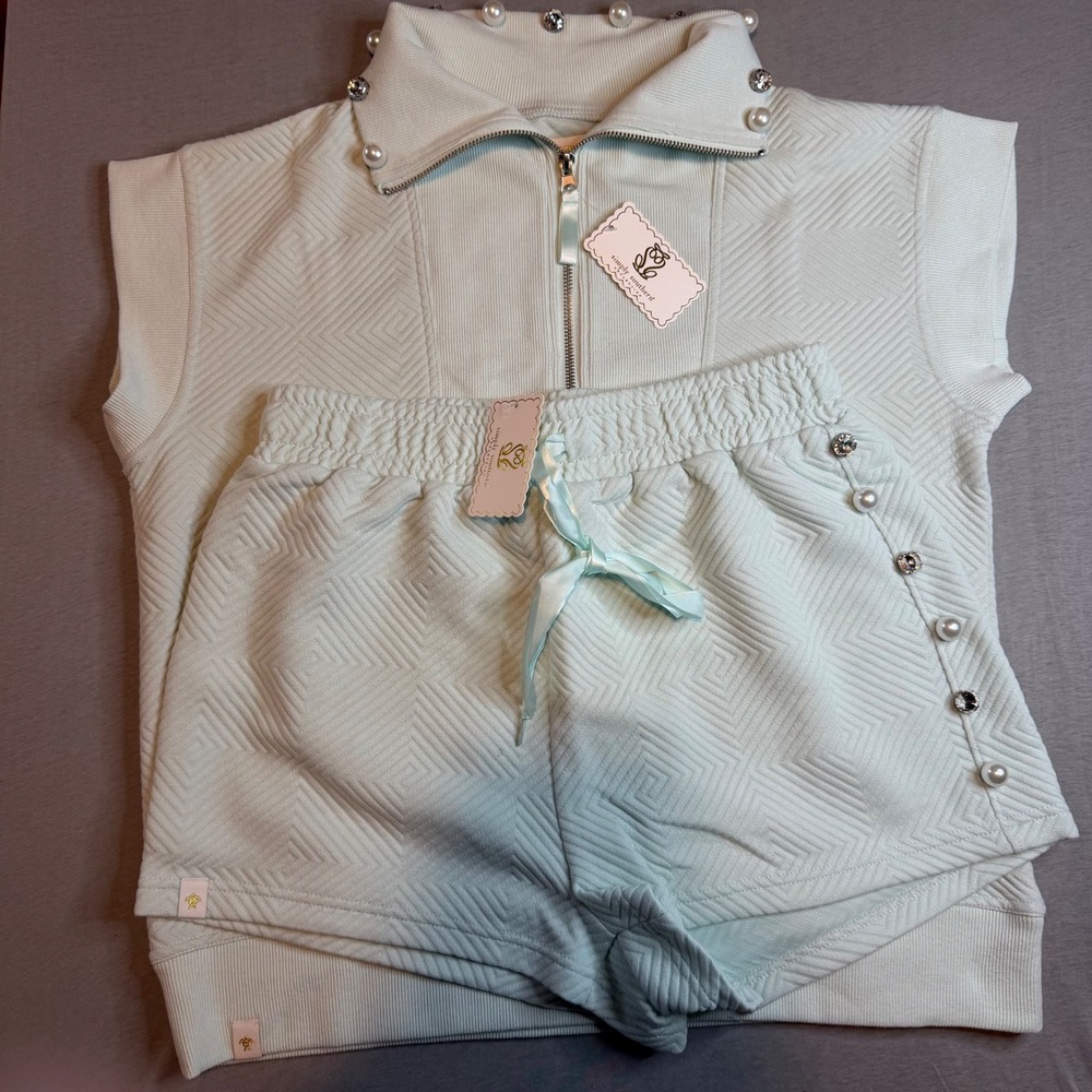 Simply Southern Mint Green Quilted Lounge Set Pearl Button Quarter Zip Shorts M